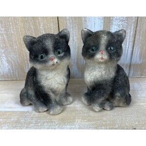 2 Vintage Flocked Ceramic Cat Kittens Figurines 5.5 in Gray & White w/Blue Eyes